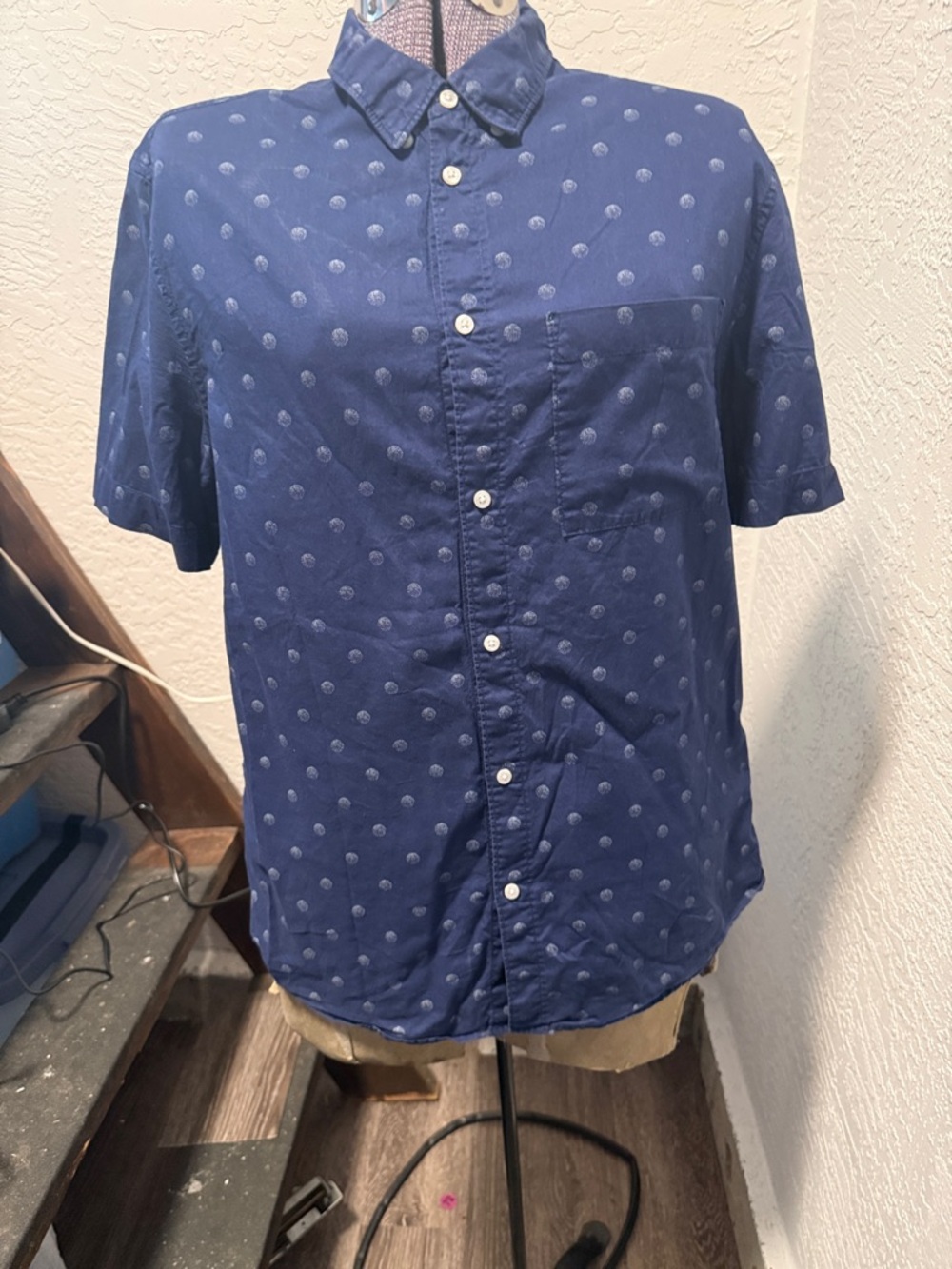 H&M Navy Short Sleeve Button-Down Shirt with Light Dot Print